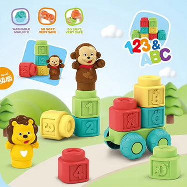 SOFT EDUCATIONAL RUBBER ANIMAL BUILDING BLOCKS - 15 PIECES
